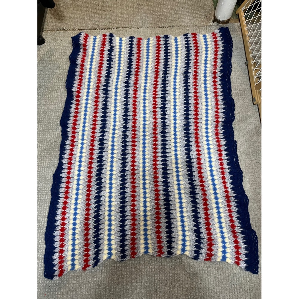 Handmade Crochet Baby Blanket Red White Blue Patriotic Afghan Stroller Throw